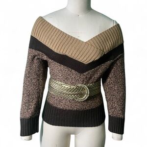 Elegant Off-the-Shoulder Sweater with Belt - Black and Tan